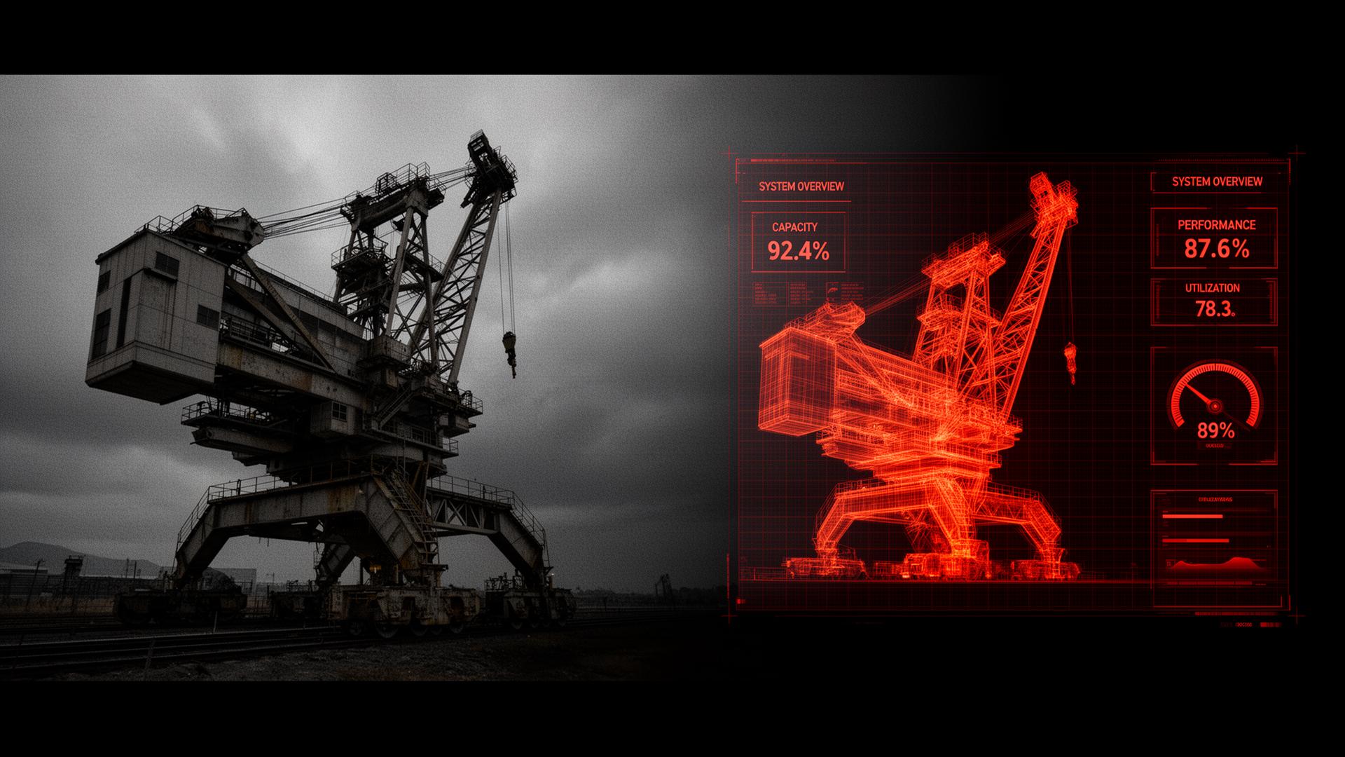 Industrial conveyor system overlaid with red wireframe digital twin visualization